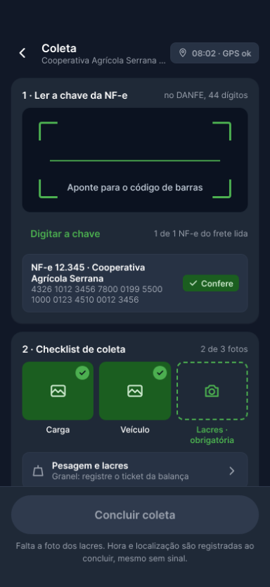 App do motorista, Coleta: a leitura da chave da NF-e e o checklist de fotos da carga, do veículo e dos lacres.
